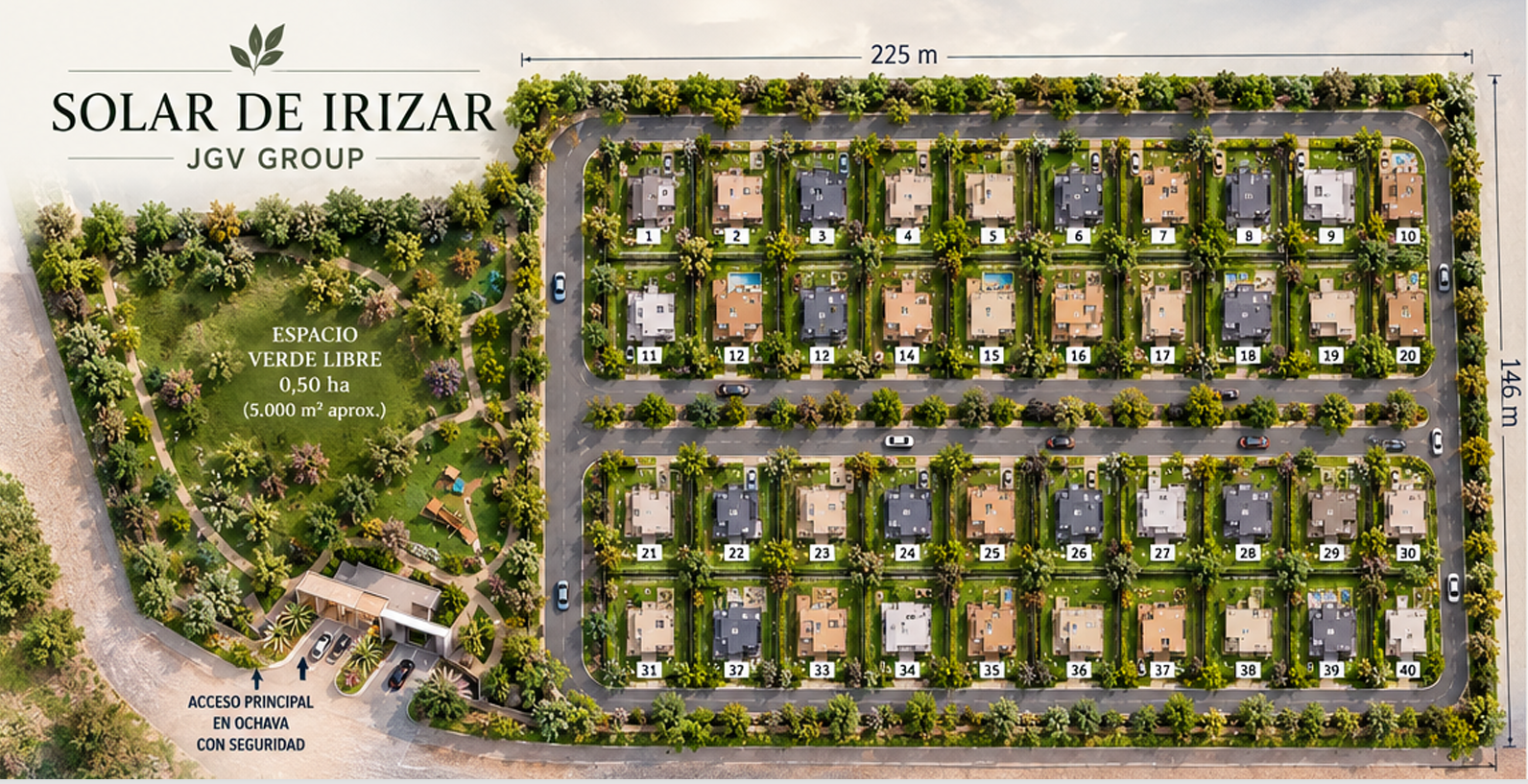 Plano de Solar de Irizar: parque a la izquierda, acceso en esquina y cuarenta viviendas en cuatro filas