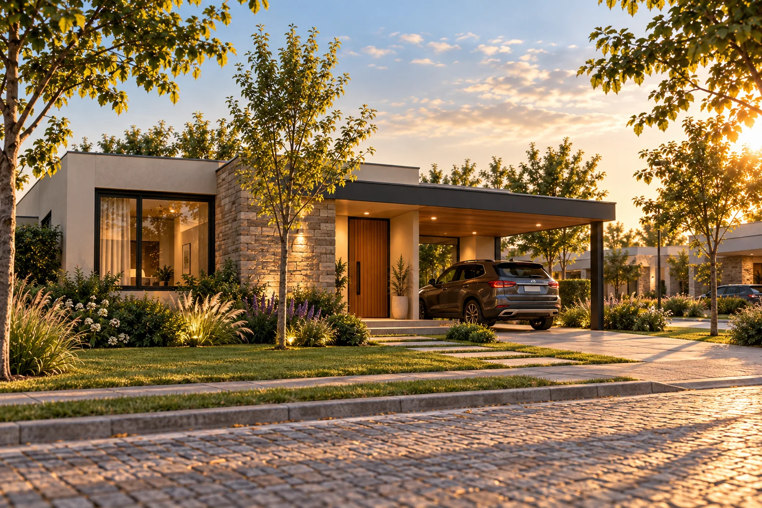 Fachada conceptual de vivienda con revestimientos de piedra y madera
